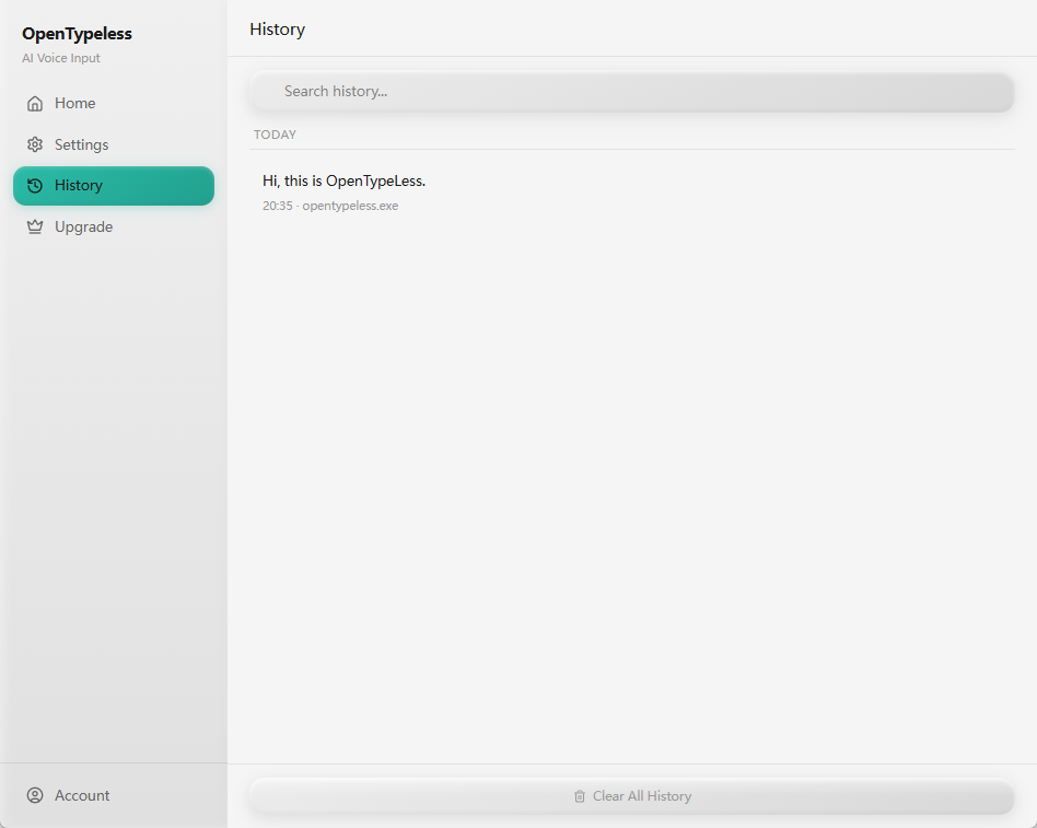 OpenTypeless history screen for reviewing voice input results
