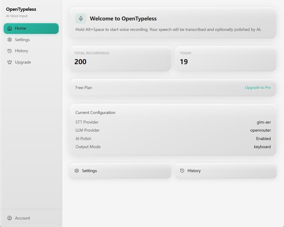 OpenTypeless desktop app main screen showing recording and transcription controls