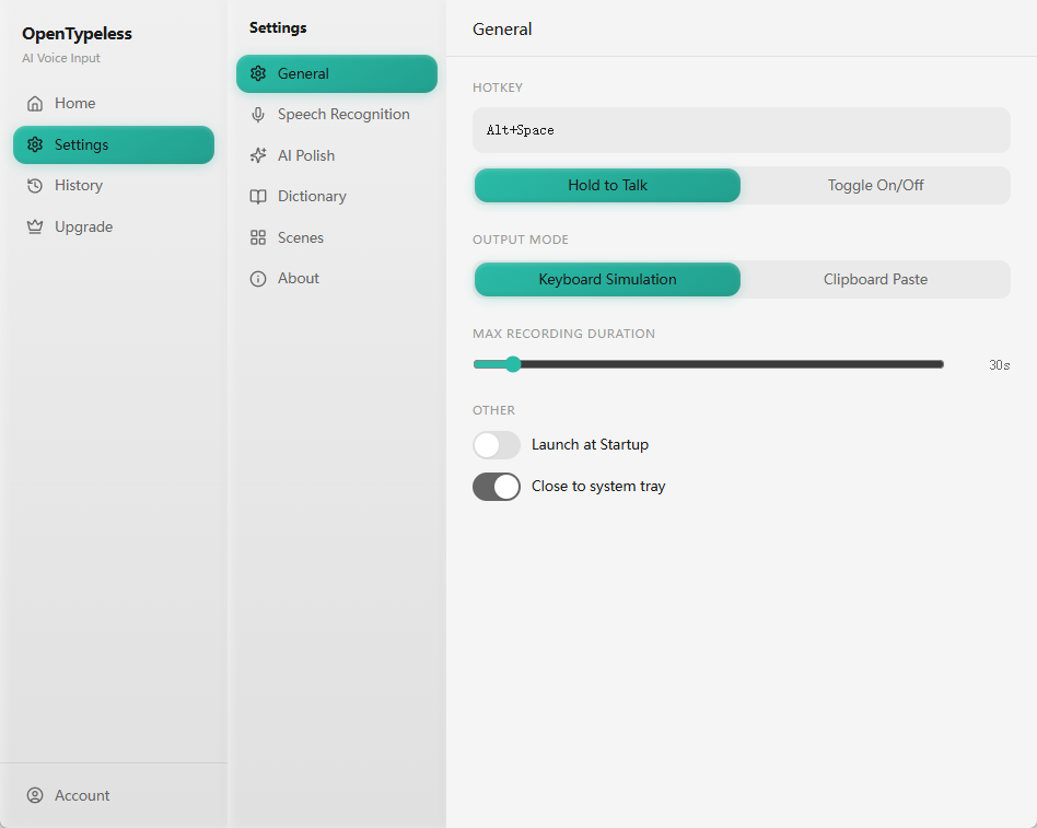 OpenTypeless settings screen showing hotkey and provider configuration for desktop voice input